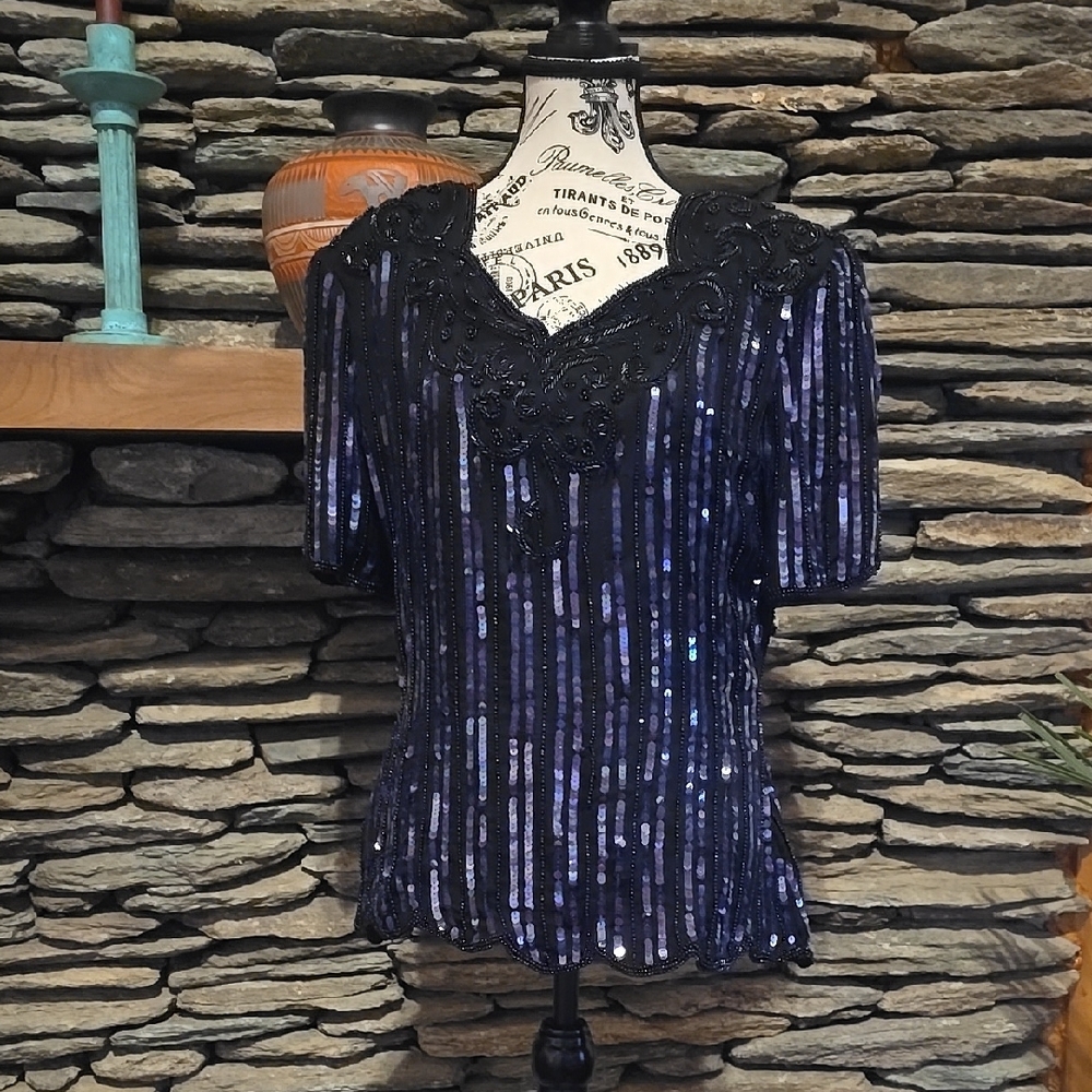 Size L - Vintage Robert Anthony Black and Blue Women's Top
